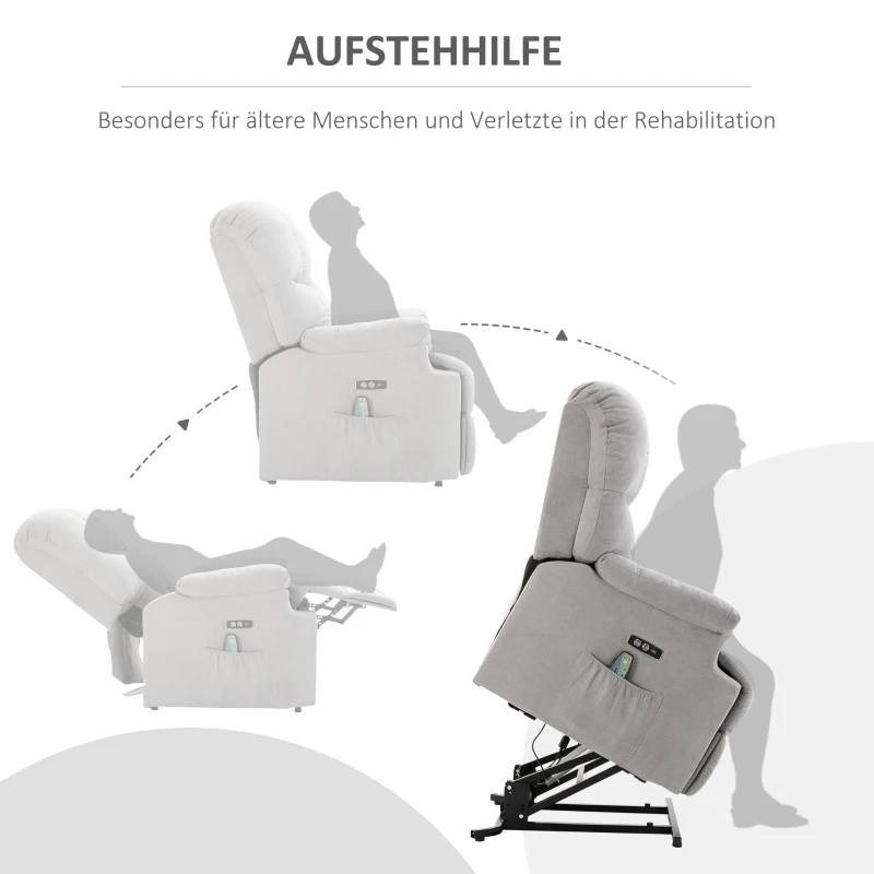 HOMCOM massagestoel opstahulp relaxstoel met verwarmingsfunctie verstelbare hoek USB afstandsbediening kort pluche grijs 83 x 95 x 105 cm(m-4)
