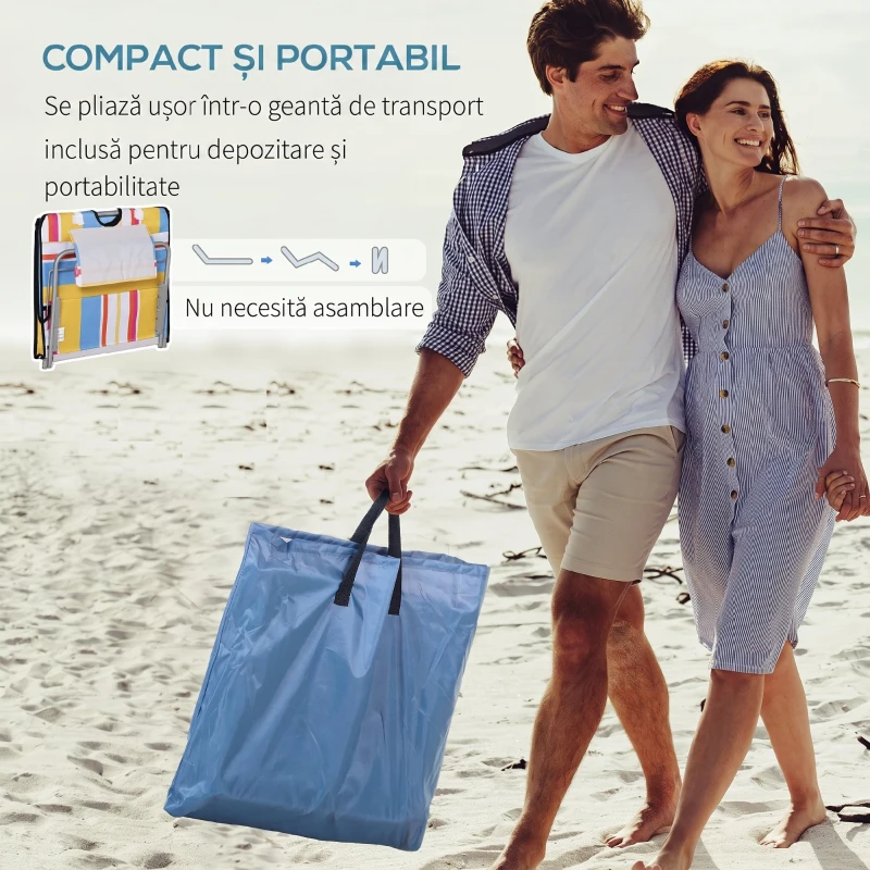 Outsunny Set 2 Șezlonguri de Plajă Rabatabile cu Spătar Reglabil și Tetieră, 53x124x35-45 cm, Multicolor