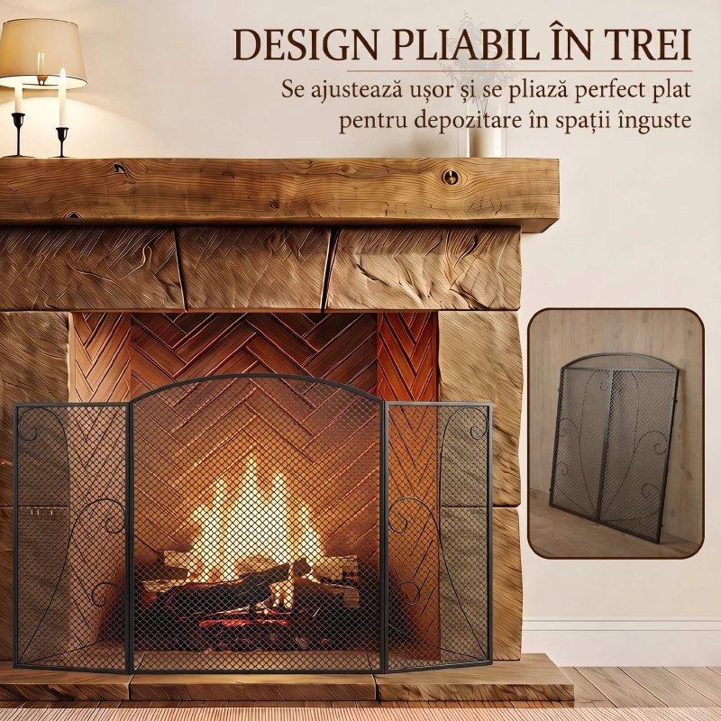 HOMCOM Parascântei Șemineu Pliabil 3 Panouri Metal Electrostatic, Gata Utilizare, 133x1x77cm, Negru