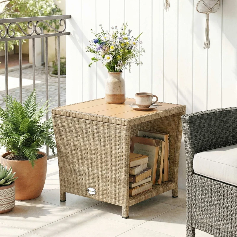 Outsunny Side Table 2-Tier Outdoor Coffee Table with Storage Shelf PS Wood Slat Top/Khaki