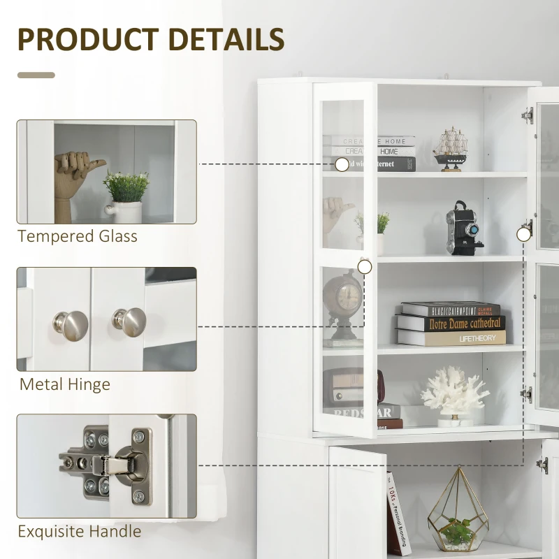 HOMCOM Modern Bookcase with Glass Doors, Display Storage Cabinet with Adjustable Shelves for Living Room, Study, Home Office, Kitchen Cupboard with Small Open Counter, White