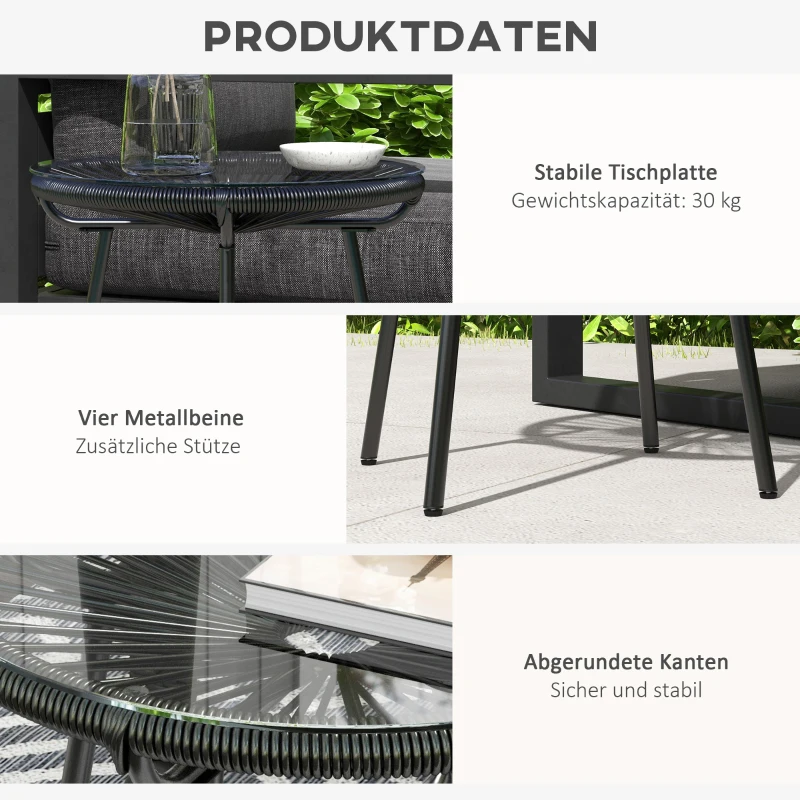 Outsunny Tuintafel boho-stijl outdoor bijzettafel, PE-rattan, gehard glas, weerbestendig, 50 cm x 50 cm x 50 cm, zwart