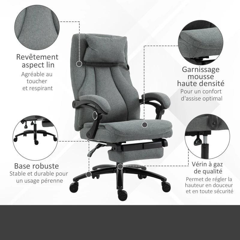 Vinsetto Fauteuil de bureau direction massant hauteur réglable dossier inclinable repose-pied intégré lin gris
