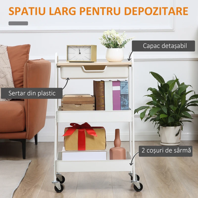 HOMCOM Masă de bucătărie cărucior de servire 2 rafturi sertar tavă aspect de lemn deschis oțel PP alb