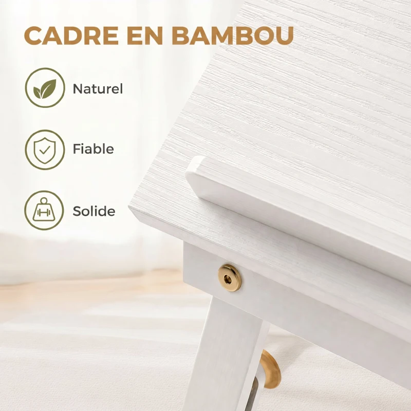 HOMCOM Table de lit pliable et réglable, plateau de lit pour ordinateur portable en bambou plateau inclinable 83,5x33x34cm blanc