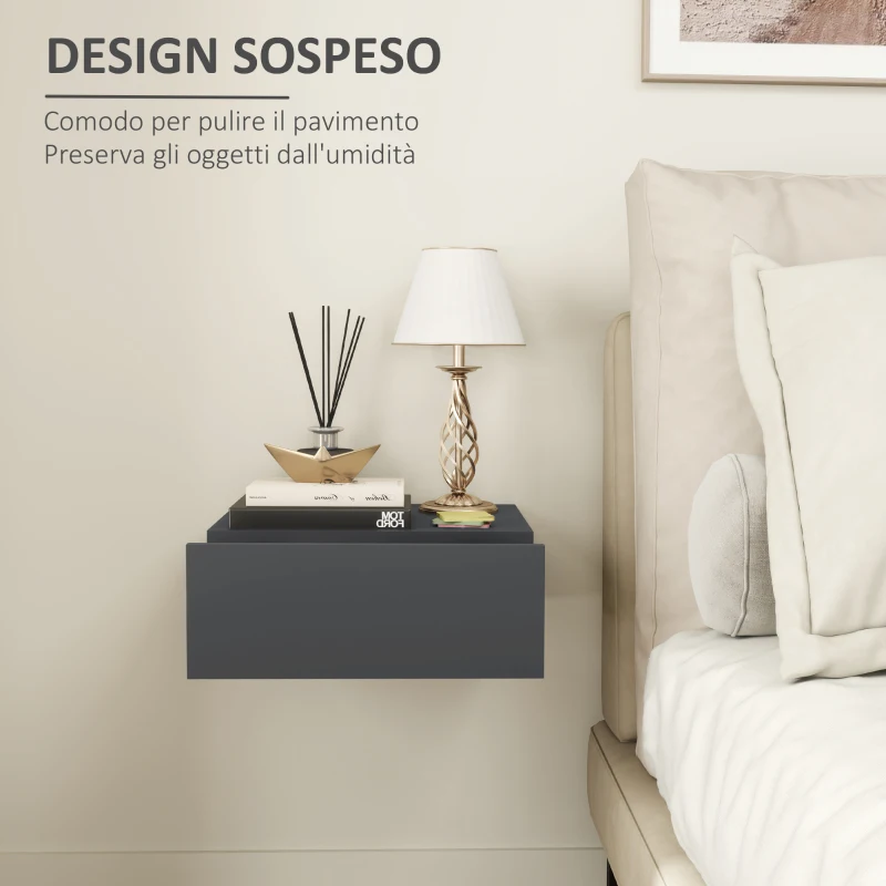 HOMCOM Comodino Sospeso Moderno con Cassetto, in Legno, 40x30x15 cm, Nero