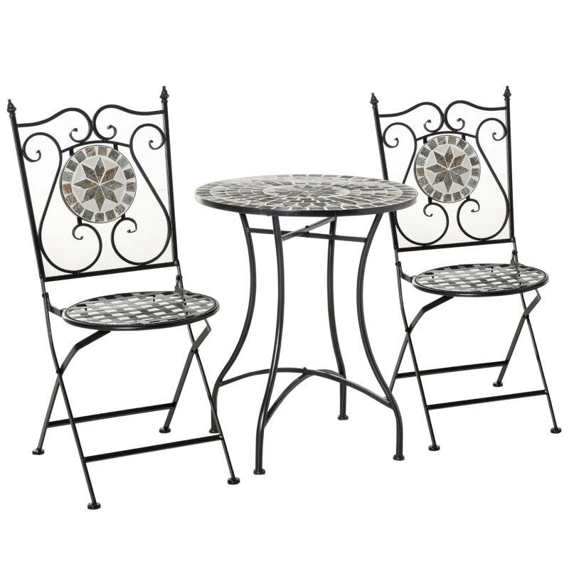 Outsunny tuinset 3-delige mozaïektafel eetgroep tuinmeubelset 1 tafel + 2 opklapbare stoelen terras metaal meerkleurig