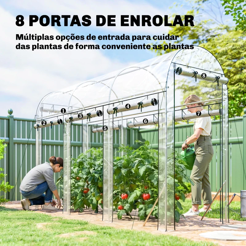 Outsunny Estufa Tipo Túnel 3x1x2 m com 8 Portas Enroláveis e Estrutura de Aço Galvanizado Anti-UV Transparente