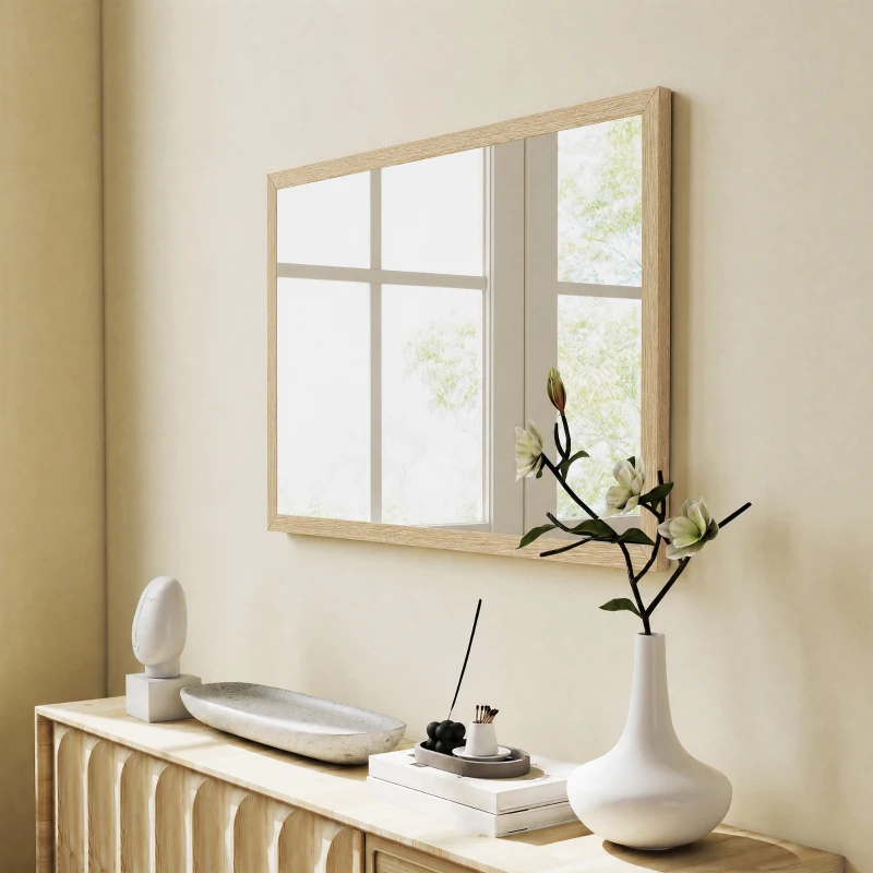 HOMCOM Wall Bathroom Mirror, 60 x 40 cm Wall-Mounted Mirror for Living Room, Bedroom, Hallway, Natural Wood Finish