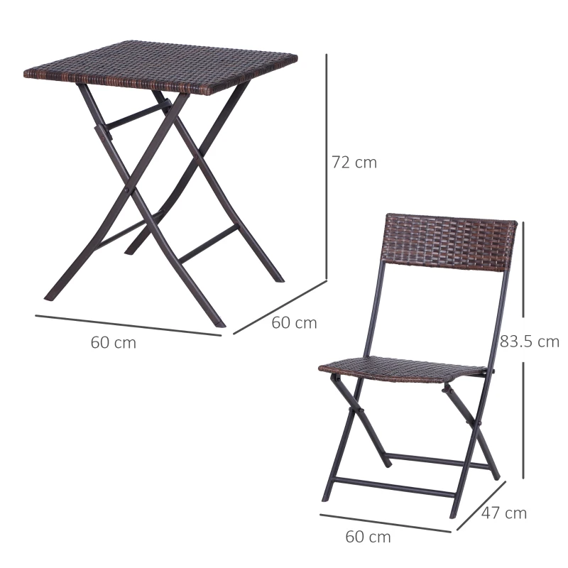 Outsunny Set da Giardino Pieghevole da 3 Pezzi in Rattan PE e Metallo, Set 2 Sedie e Tavolino da Caffè, Protezione dai Raggi UV, Set di Mobili da Balcone, per Patio e Cortile, Marrone