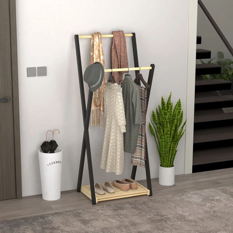 HOMCOM Cuier de podea din lemn cu 2 bare și raft inferior, design modern, 61x45x152cm