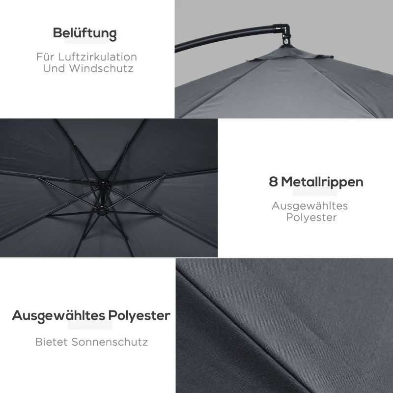 Outsunny Zweefparasol Ø3 m, draaibaar, met handslinger, roestvrij staal, polyester, donkergrijs/zwart
