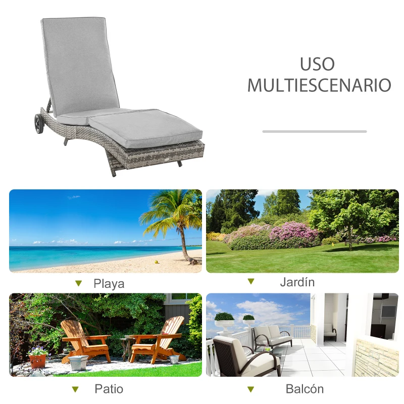 Outsunny Tumbona de Jardín en Forma de S con 2 Ruedas Respaldo Ajustable en 5 Posiciones y Cojín Extraíble 207x70x70 cm Gris