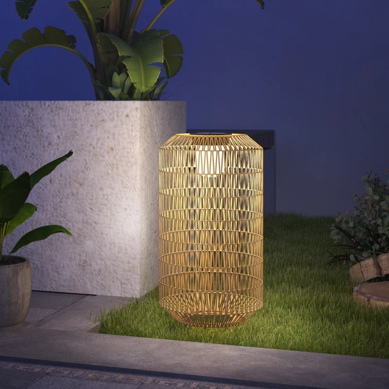 Outsunny Lámpara de Jardín de Ratán Sintético con Luces LED Encendido y Apagado Automático Diseño Bohemio Ø30x55 cm Natural