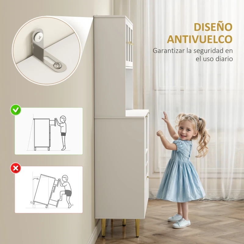 HOMCOM Alacena de Cocina Moderna con Armarios Cajón Botellero y Puertas de Vidrio y Estantes Ajustables 100x40x180 cm Blanco