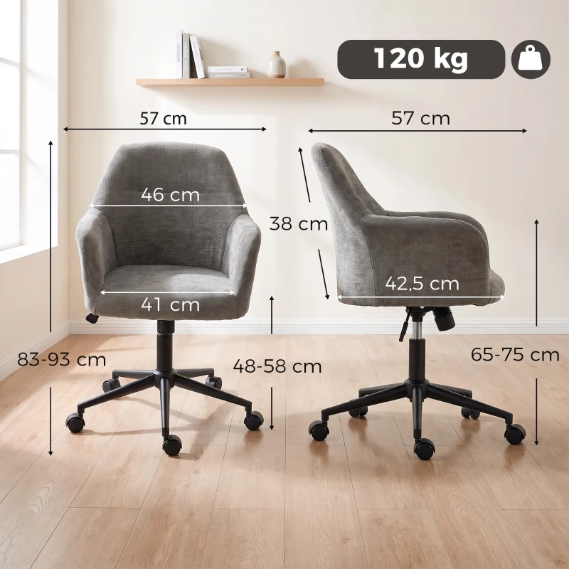 HOMCOM Sedia da Ufficio Girevole Regolabile in Altezza con Funzione Oscillante e Rivestimento in Ciniglia, Grigio