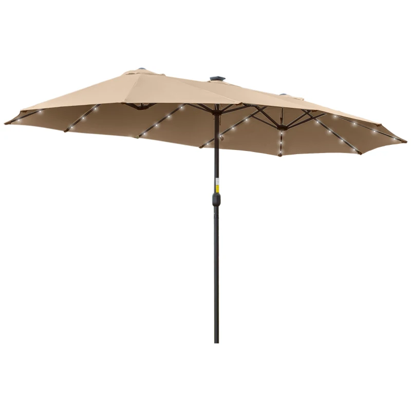 Outsunny Sombrilla Doble 450x265x240 cm con 48 Luces LED Manivela Protección Solar para Terraza Balcón Piscina Caqui