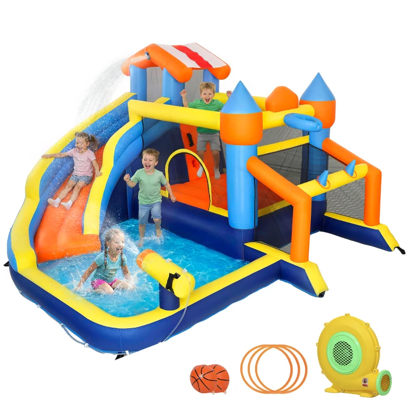 AIYAPLAY Château gonflable avec souffleur 8 en 1, parc aquatique, toboggan, trampoline, piscine à balles, multicolore