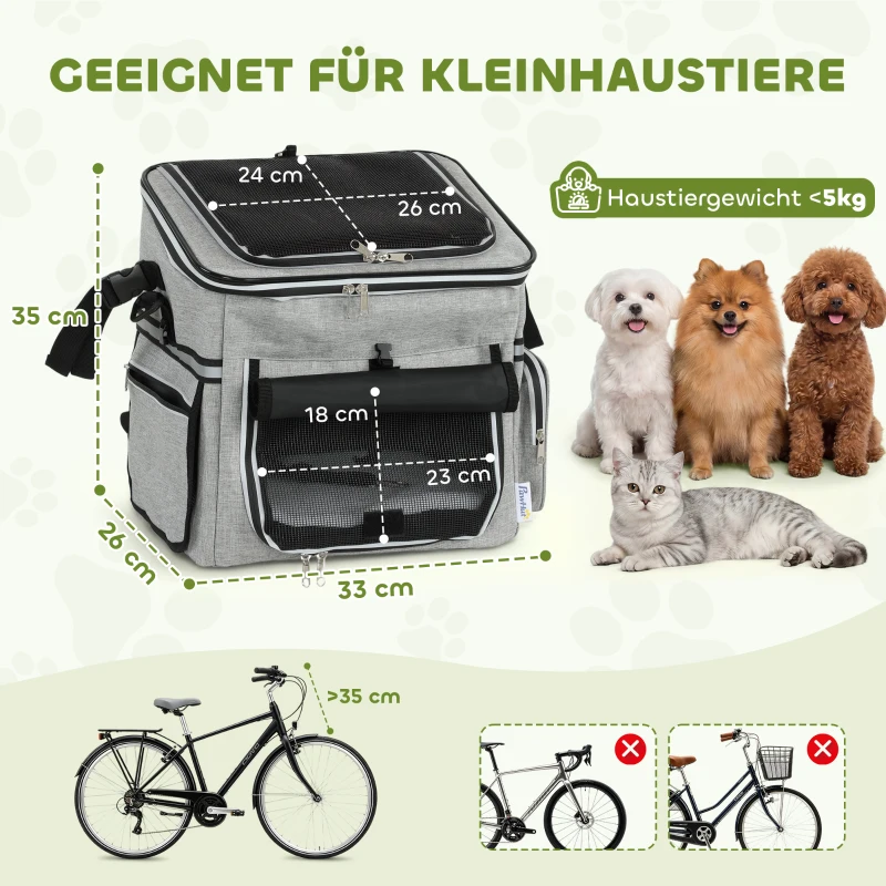 PawHut Hondenmand voor op de Fiets Voorop Draagbaar Hondenfietskorf met Veiligheidslijn Kussen Kom voor Kleine Honden tot 5 kg Lichtgrijs