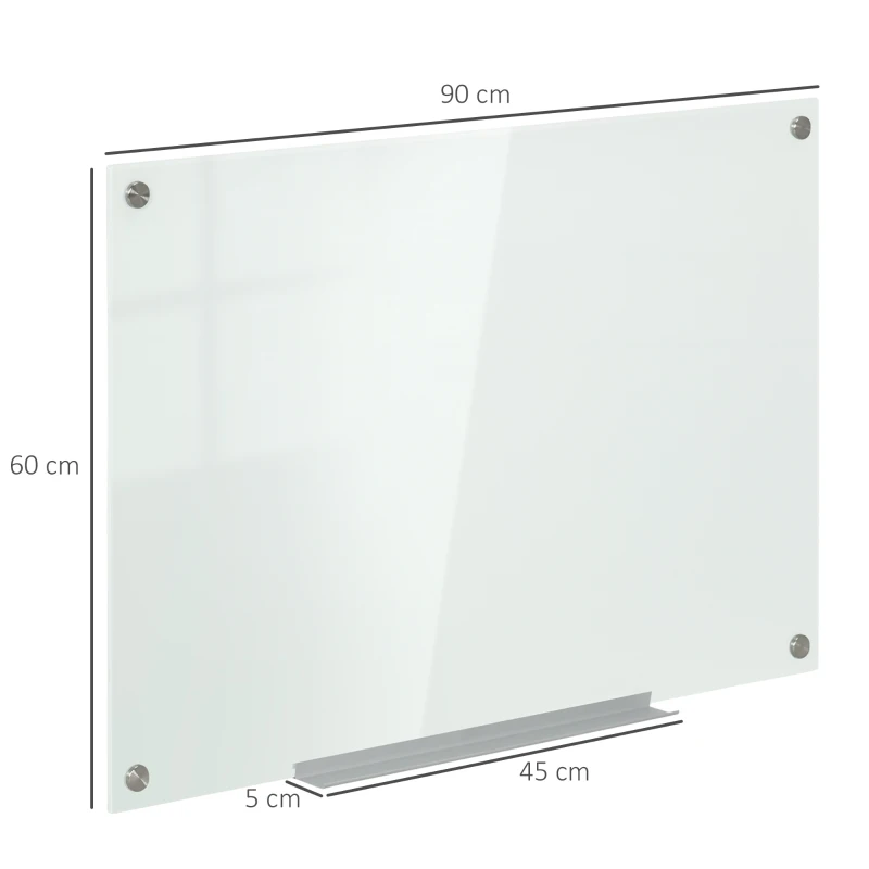 Vinsetto Glazen Whiteboard, Memobord, Whiteboard, 4 stiften, 6 magneten, 1 spons, 1 houder, Wit