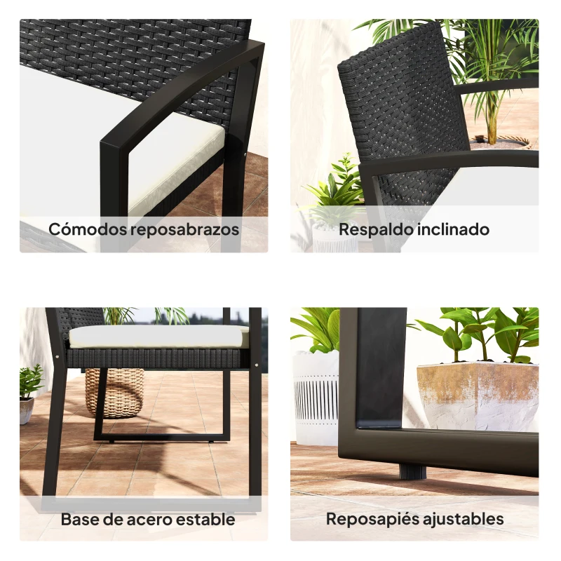 Outsunny Banco de Ratán Sintético para 2 Personas 103x58x78 cm con Cojín Respaldo Inclinado y Estructura de Acero Galvanizado