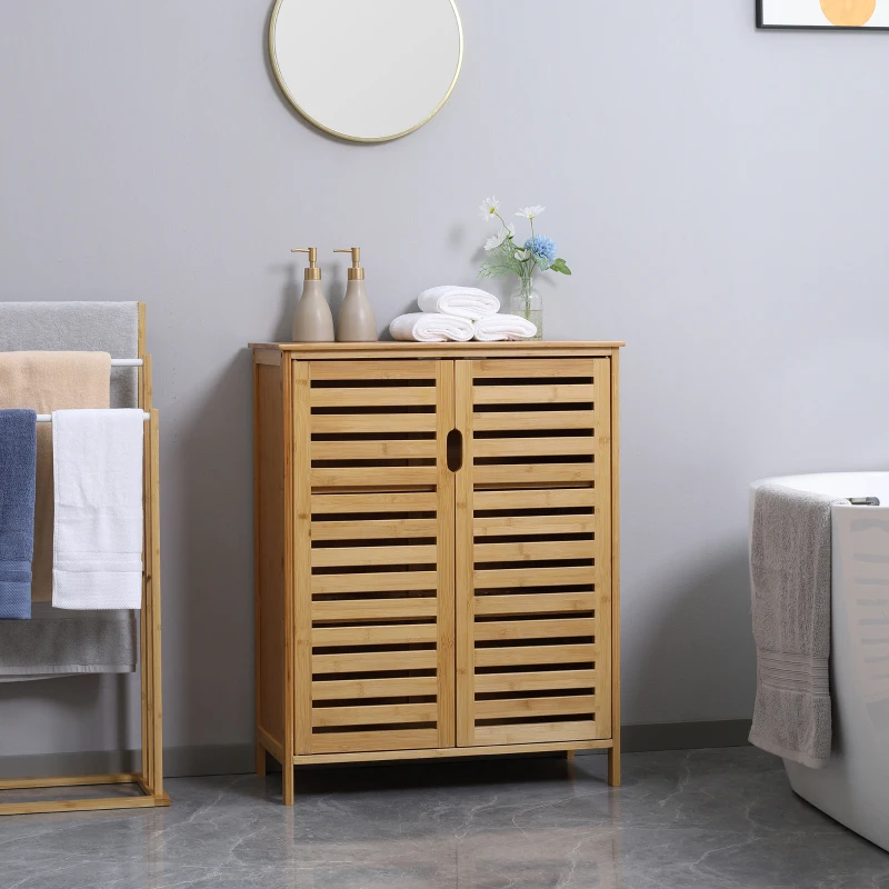 Kleankin Badkamerkast, Bamboekast met Lamellenontwerp voor Badkamer, Gang, Compacte Afmeting, Veel Opbergruimte, Natuurhout