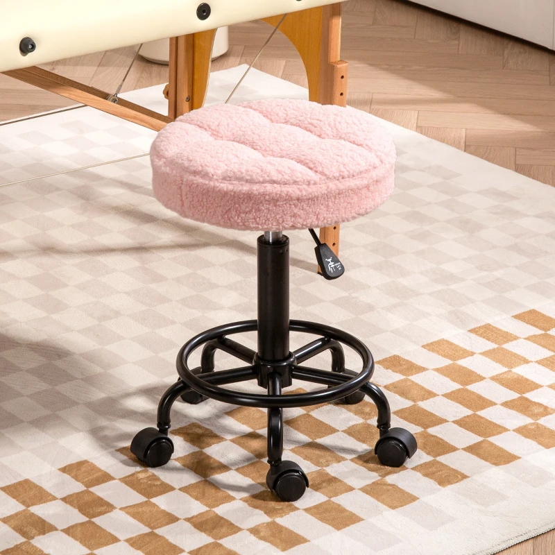 HOMCOM Taburete Giratorio Redondo Taburete con Ruedas Altura Regulable 50-66 cm Asiento Tapizado en Tejido de Borreguito Rosa