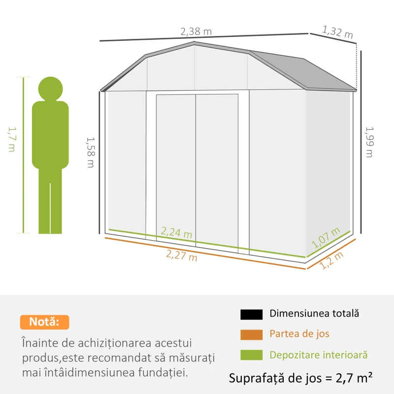 Outsunny Magazie pentru unelte cu rafturi reglabile și 2 ferestre, din oțel zincat, 238x132x198.5 cm, gri închis