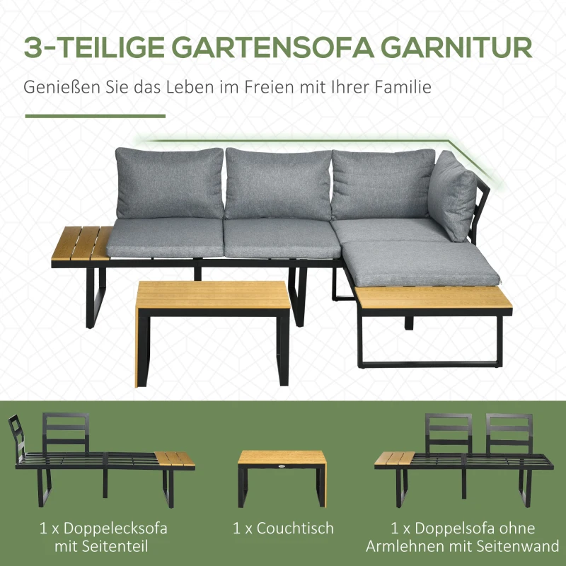 Outsunny Buitenzonnig 3 st. Tuinmeubelset, balkonmeubel met zitkussens voor terras, aluminium