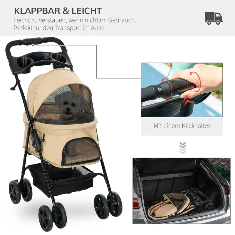 PawHut Hondenbuggy, Opvouwbaar, 2 Veiligheidslijnen, 2 Bekerhouders, 67 x 45 x 96 cm, Khaki