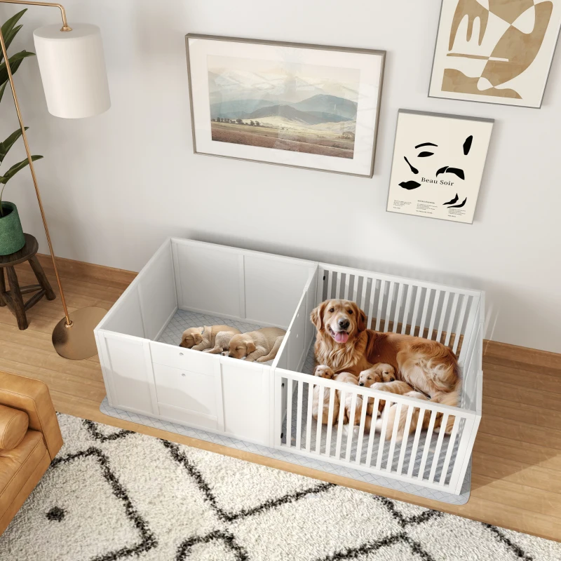 PawHut Werpkist voor puppy's, puppyren met deur, waterdichte bodemmat, hondenren voor kleine tot grote honden, 166x80x50 cm, wit(m-2)