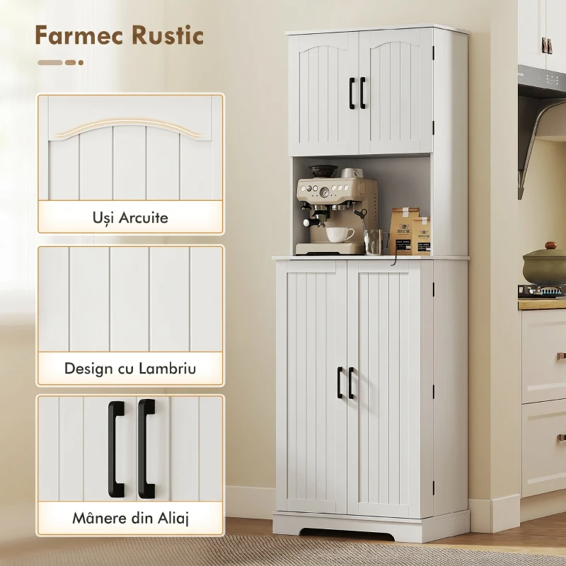 HOMCOM Dulap de Bucătărie Înalt Stil Rustic, 2 Dulapuri și 8 Suporturi pentru Condimente, 60x40x181,5 cm, Alb