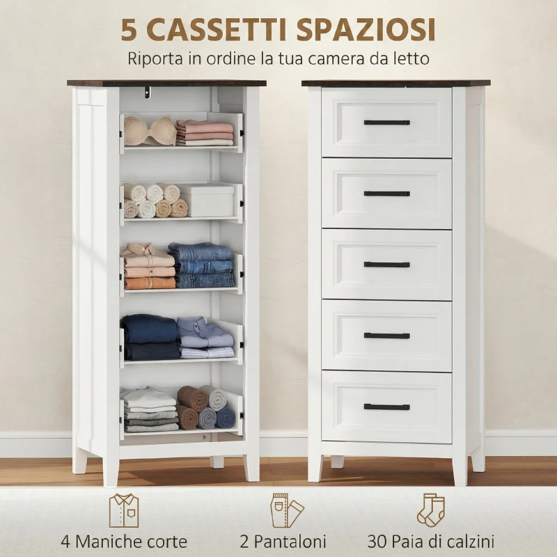 HOMCOM Cassettiera con 5 Cassetti, Mobile Alto per Camera da Letto e Soggiorno