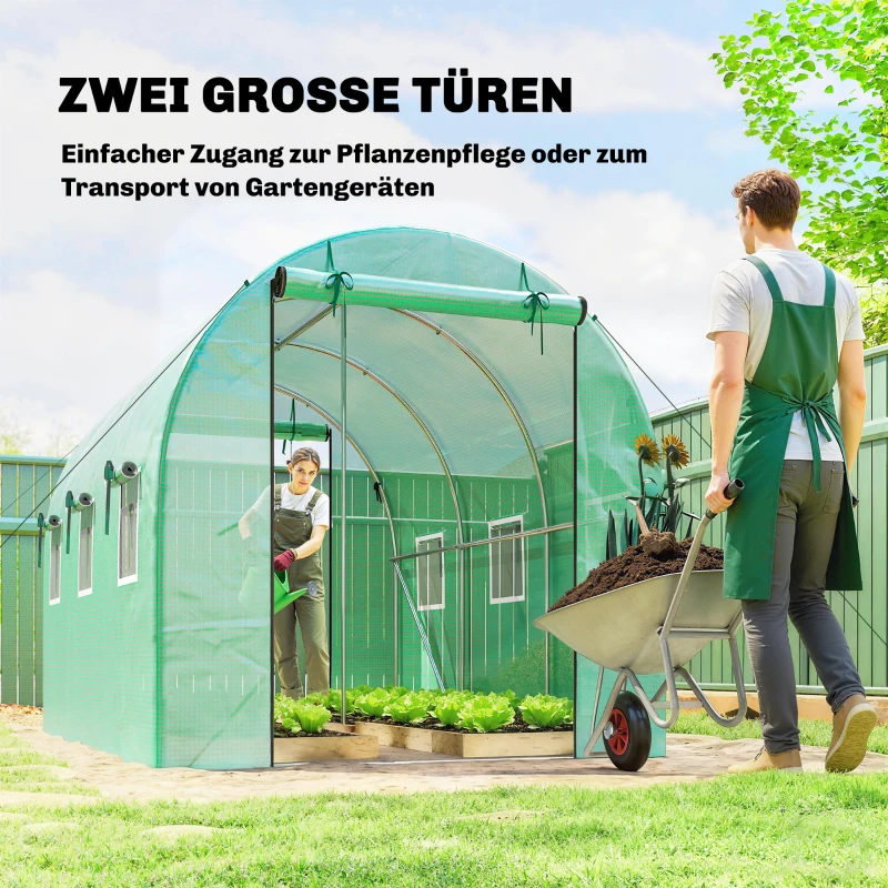 Outsunny Kas 3 x 2 x 2 m Foliekas met oprolbare 2 ritssluitingsdeuren & 6 gaasramen, steunstangen, groen