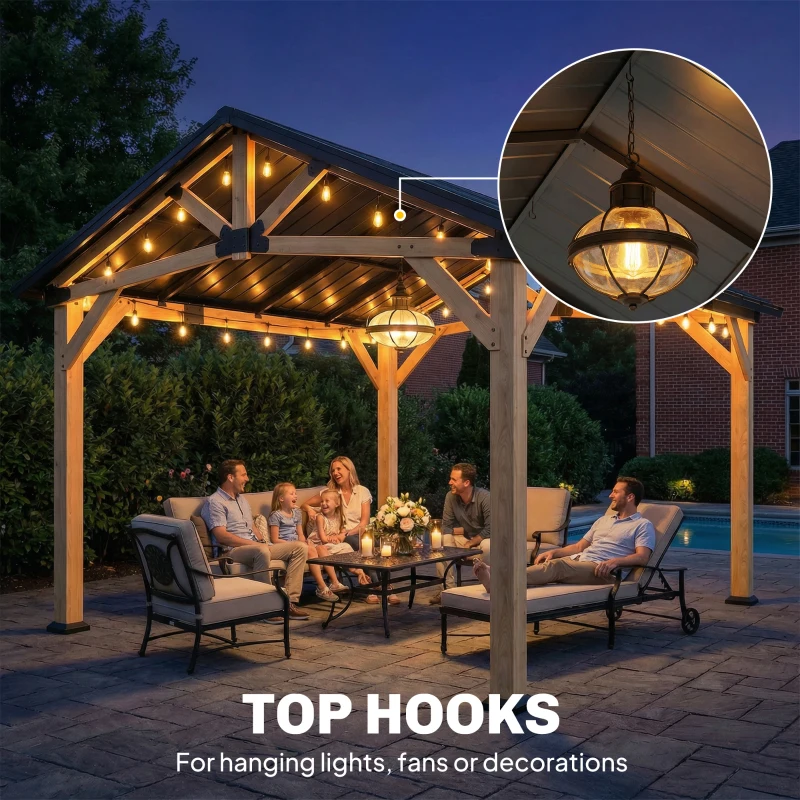 Outsunny 3.5 x 4 m Hardtop Gazebo Canopy with Galvanised Metal Roof, Fir Wood Frame and Hook for Patio, Garden, Black Grey