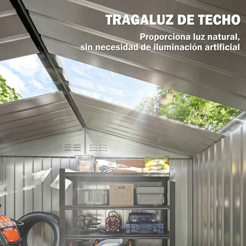Outsunny Caseta de Jardín 213x130x185 cm con Puertas Correderas y Claraboya para Almacenamiento de Herramientas Gris Oscuro