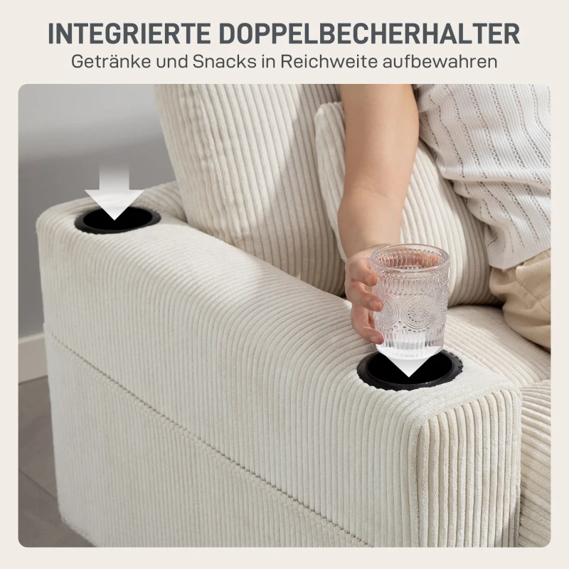 HOMCOM Slaapbank met kussen, schuimvulling, om te bouwen tot bed, bekerhouder, crèmewit(m-9)