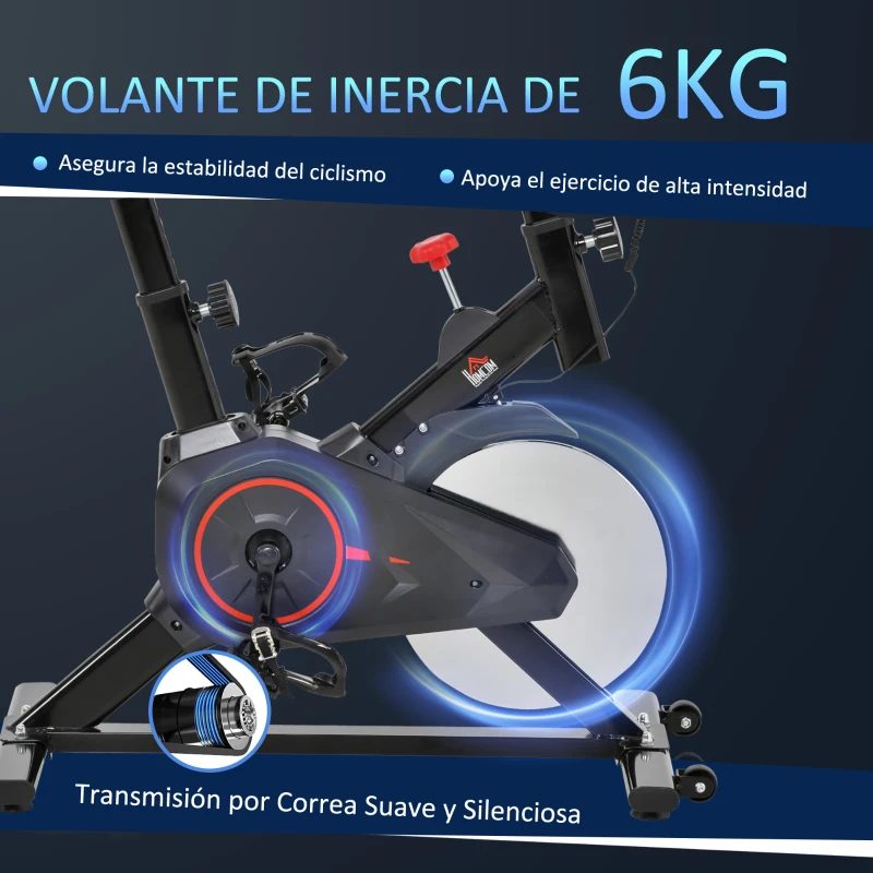 HOMCOM Bicicleta Estática Ciclo Indoor con Pantalla LCD Pulsómetro Sillín y Manillar Ajustables en Altura Volante de Inercia de 6 kg Resistencia Regulable Soporte para Teléfono y Ruedas Negro y Rojo