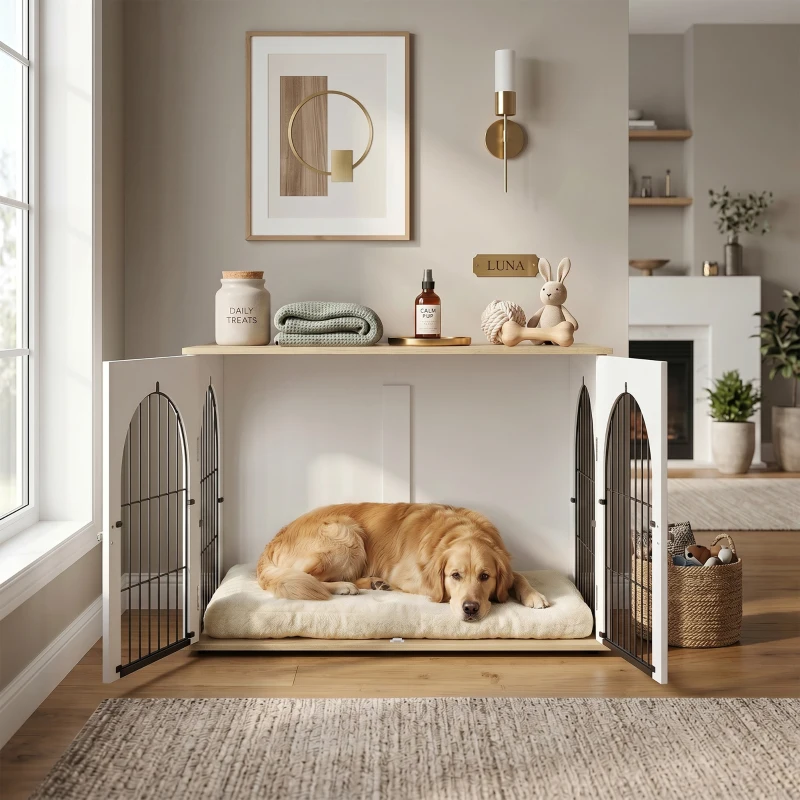 PawHut Dog Crate Furniture, Indoor Dog Cage with Double Doors for Large Breeds, Pet Kennel End Side Table
