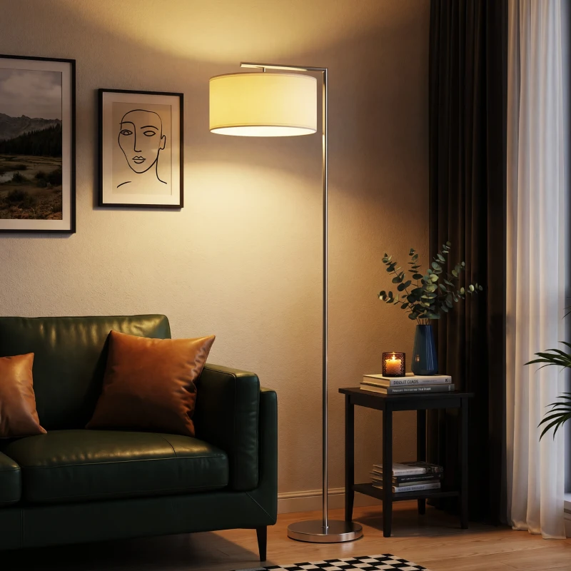 HOMCOM Floor Lamp, Modern Standing Lamp with Linen Lampshade, Round Base for Living Room, Bedroom, Dining Room, 153cm, Silver Tone
