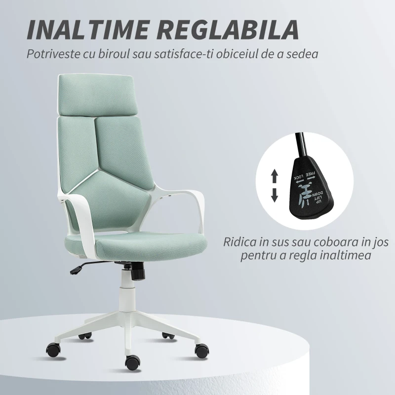 HOMCOM Scaun de Birou în Material Textil cu Balans, Înălțime Reglabilă și Scaun Pivotant, 63x63x117-127 cm, Verde