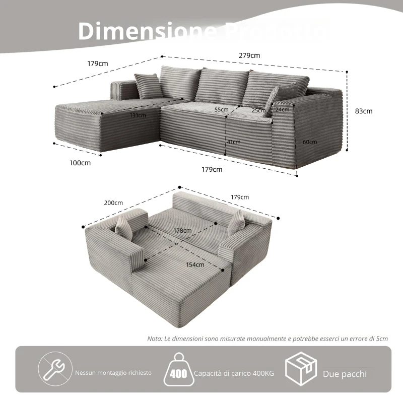 Divano angolare a L modulare con chaise longue, salvaspazio, design minimalista, seduta profonda, 279x179x83 cm, Grigio