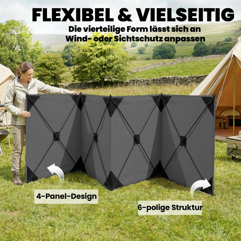 Outsunny Opvouwbaar windscherm met spankoorden, grondhaken en draagtas voor camping en tuin, 480 x 120 cm, donkergrijs
