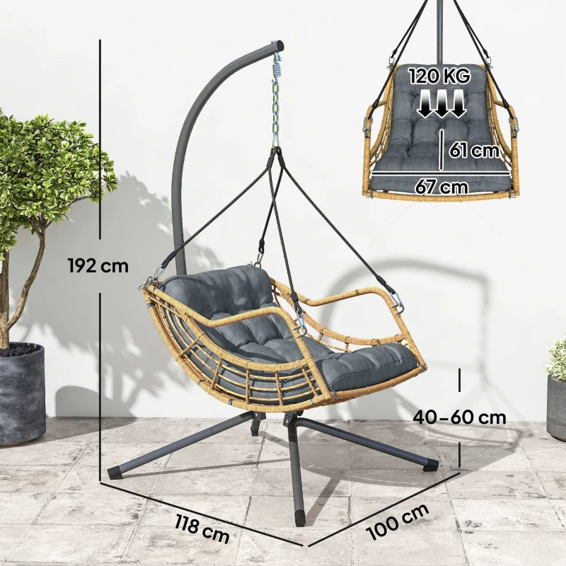 Outsunny Fauteuil suspendu en résine tressée avec support, chaise suspendue, coussin, attache de sécurité, hauteur réglable, gris