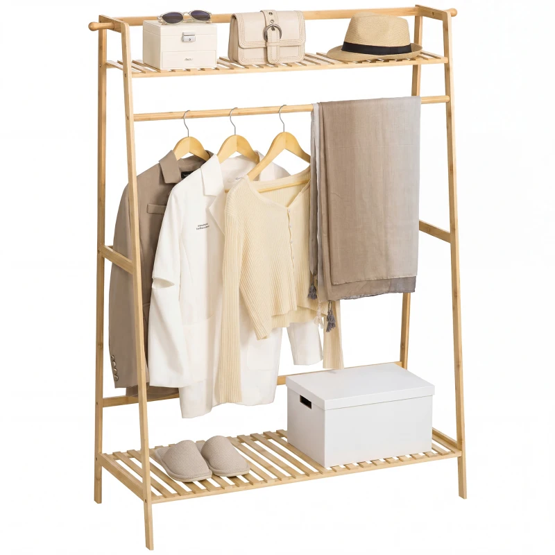 HOMCOM Bamboe Kapstok, 2 Kledinghaken, Kledingstang, 2 Planken, 114 x 40 x 139 cm