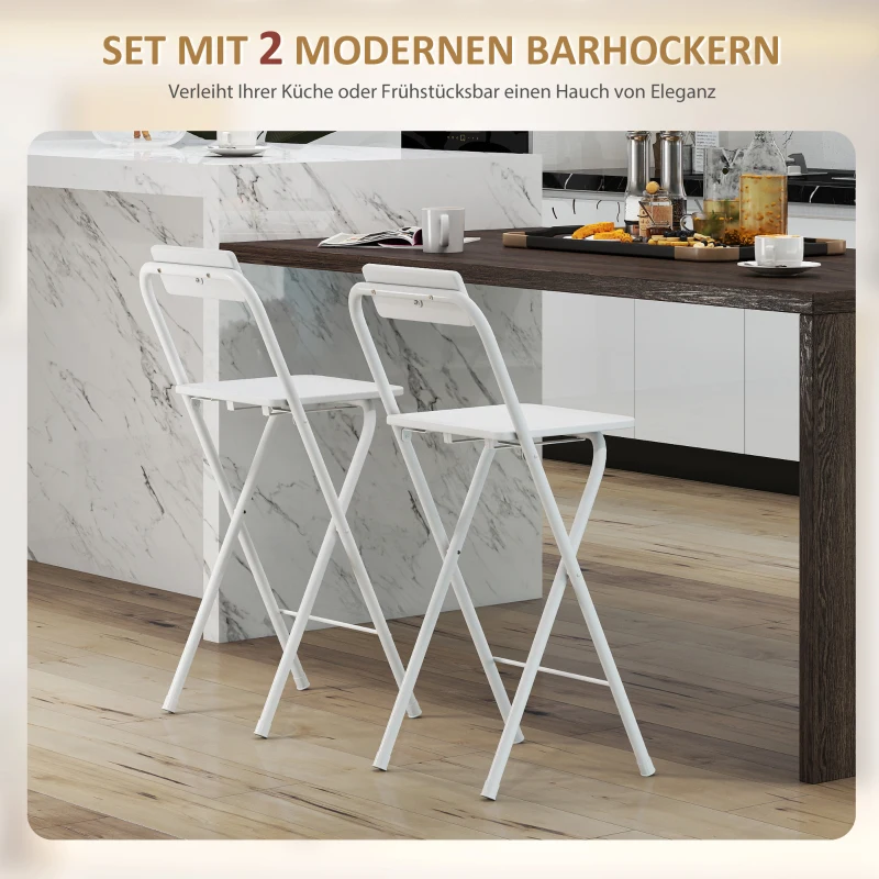 HOMCOM Barkrukken 2-delig, Opvouwbare barkruk met stalen frame, Rugleuning, Voetensteun Barstoelen voor keuken 37 x 45 x 87 cm Wit