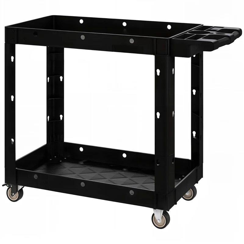 HOMCOM Gereedschapswagen, 2-Laagse Schappen, Handgreep, Wielen, Kunststof, Zwart