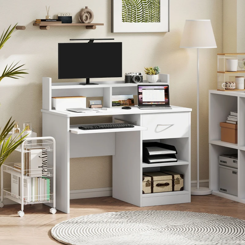 HOMCOM Scrivania per Computer Compatta, Scrivania PC Fisso in Legno Bianco con Ripiano Tastiera Estraibile e Mensole 104x48x95.5cm
