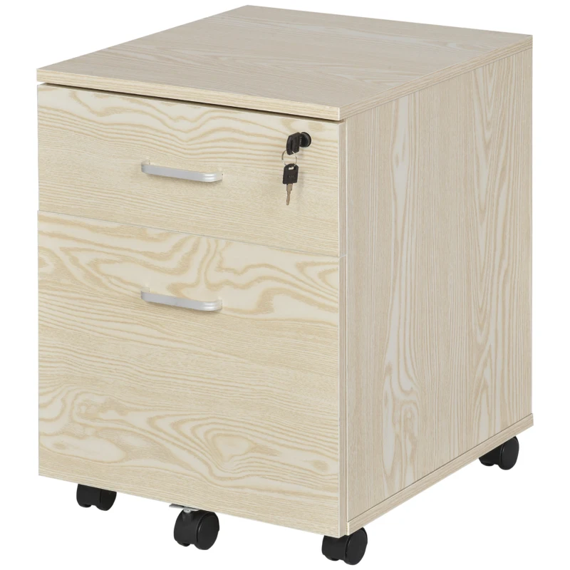 Vinsetto 2-Drawer Locking Office Filing Cabinet w/ 5 Wheels Rolling Storage Hanging A4 Cupboard Home Organisation, Oak Wood Grain