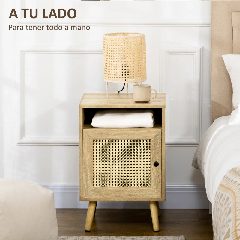 HOMCOM Juego de 2 Mesillas de Noche Estilo Cannage con Puerta y Estante Abierto Mesas Auxiliares 39x35x60 cm Natural